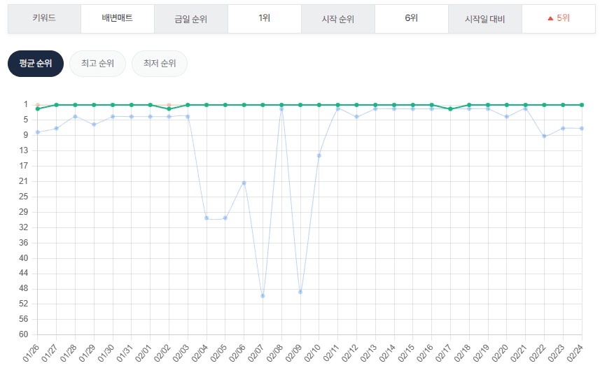 배변매트 키워드 6위→1위 순위 추적 데이터